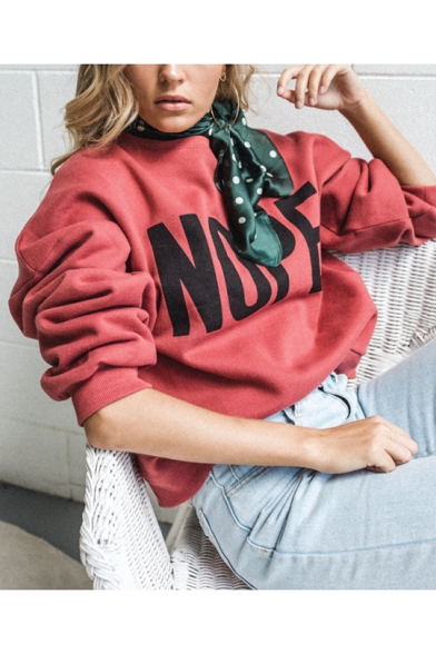 Simple NOPE Letter Print Round Neck Long Sleeve Red Relaxed Sweatshirt