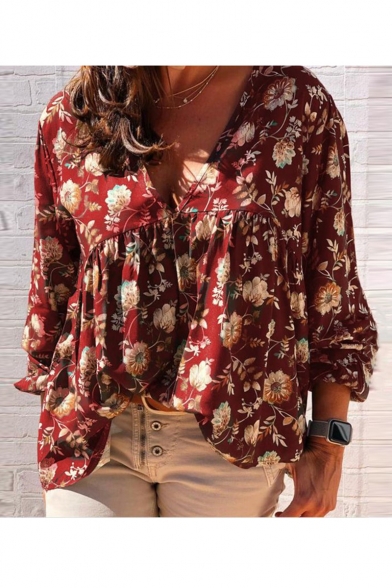 Stylish Sexy V-Neck Long Sleeve Floral Print Lady Leisure Shirt