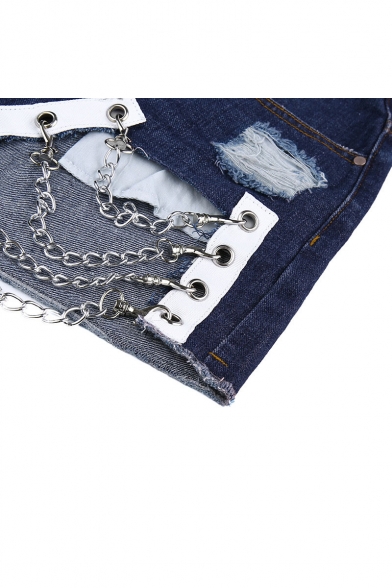 Summer Cool Special Blue High Waist Cutout Ripped Chain Eyelet Embellished Sexy Denim Shorts