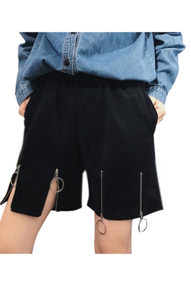 Summer Cool Unique Black High Waist Metallic Zip Split Hem Loose Wide Leg Shorts