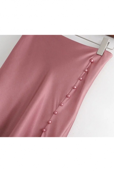 Summer Fancy Pink Slit Side Asymmetric Hem Beading Embellished Midi Flared Silk Skirt