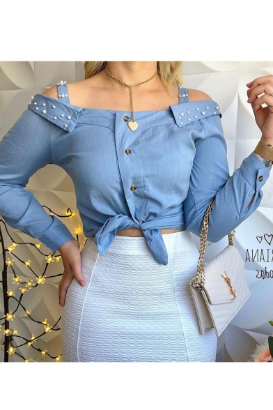 Summer Fashion Simple Plain Button Front Long Sleeve Beaded Detail Blue Cropped Shirt for Women