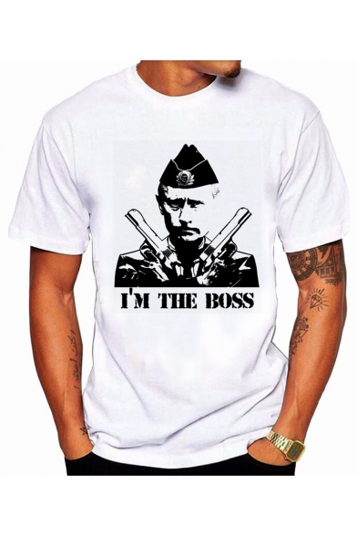 Summer Funny Letter I 'M THE BOSS Figure Print Short Sleeve Round Neck White Graphic T-Shirt