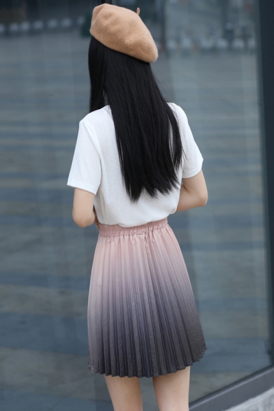 Summer Hot Fashion Pink Gradient Elastic Waist Pleated Mini A-Line Skirt