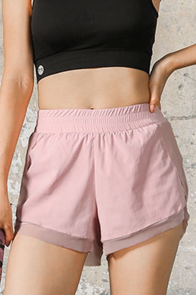 Summer Plain Elastic Waist Quick Dry Breathable Fake Two Piece Track Shorts