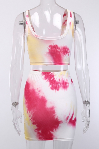 Summer Straps Sleeveless Tee with High Waist Mini Skirt Tie Dye Slim Fitted Two Piece Set