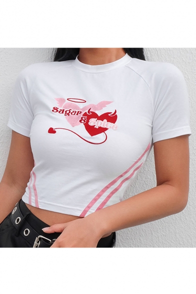 Summer Hot Trendy White Short Sleeve High Neck Striped Heart Embroidered Slim Fitted Cropped Tee