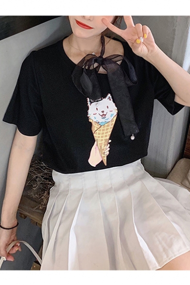 Summer New Arrival Short Sleeve Round Neck Ice Cream Cat Printed Bow Shoulder Cute Womens T-Shirt