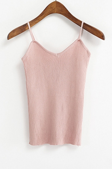 Summer Simple Plain Sleeveless V Neck Sexy Fitted Knitted Cami Top