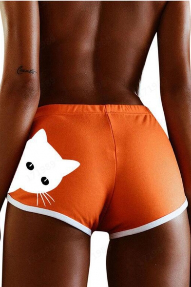 Summer Sweet Elastic Waist Cat Printed Contrast Trim Leisure Sport Shorts