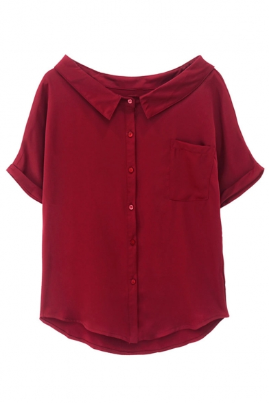 Summer Sweet Girls Peter-Pan Collar Rolled Sleeve Plain Button Down Chiffon Shirt