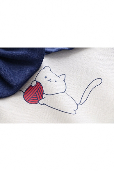 Summer Trendy Short Sleeve Colorblock Patch Cat Yarn Ball Printed Sailor T Shirt