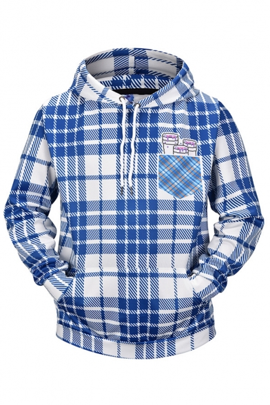 Trendy Blue and White Plaid Pattern Long Sleeve Casual Loose Fit Drawstring Hoodie