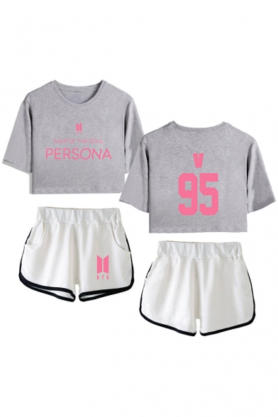 Trendy BTS Idol Sporty Style 95 Letters Print Short Sleeve Crop Tee with Dolphin Shorts Co-ords for Girls
