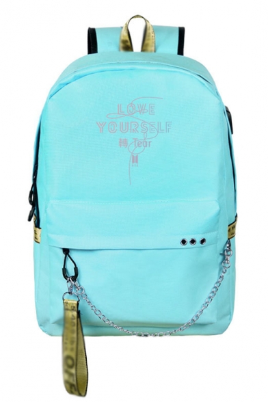 Trendy Kpop Boy Band Logo Printed Chain Embellished Unisex Students School Bag Backpack 30*13.5*42cm
