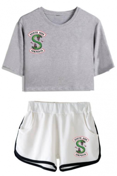 Trendy Snake Logo Printed Short Sleeve Crop Tee with Dolphin Shorts Two-Piece Set