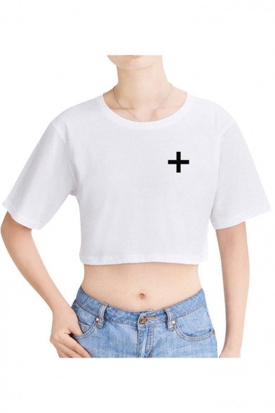 TXT Cool Simple Logo Printed Round Neck Short Sleeve Crop Tee for Women