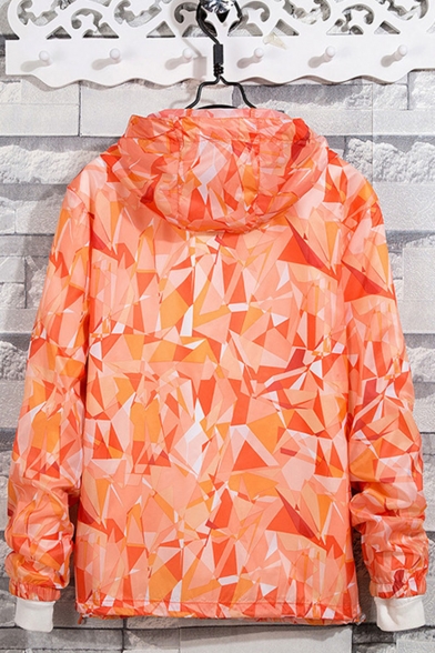 Unique Geometric Printed Long Sleeve Hooded Zip Placket Sun Protection Coat