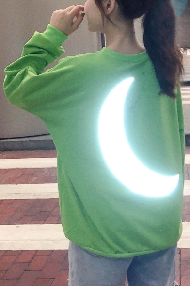 Unique Reflecting Light Moon Print Round Neck Long Sleeve Green Loose Sweatshirt