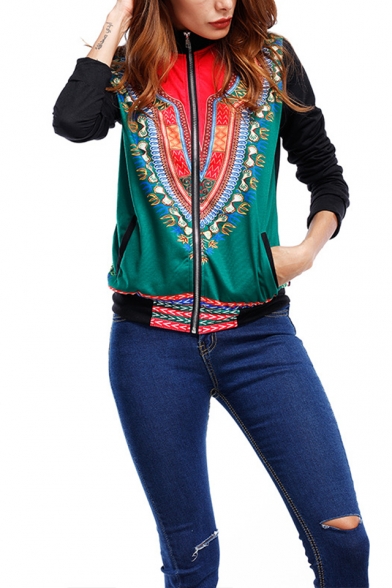 Vintage Tribal Print High Collar Long Sleeve Fitted Jacket Coat for Womens