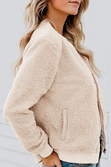 Warm Solid Color Design Stand Collar Long Sleeve Zipper Short Shearling Jacket