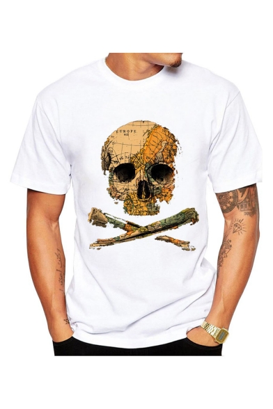White Short Sleeve Round Neck Skull Map Printed Basic T Shirt
