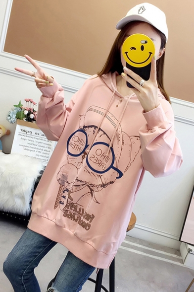 WHO Letter Cartoon Cat Printed Round Neck High Low Long Sleeve Loose Pullover Hoodie