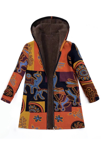 

Winter Hot Sale Tribal Print Linen Long Sleeve Hooded Padded Zipper Overcoat, LM557460, Blue;gray;yellow