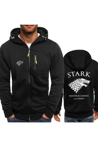 Winter Is Coming Stark Wolf Head Logo Mens Zip Up Fitted Hoodie
