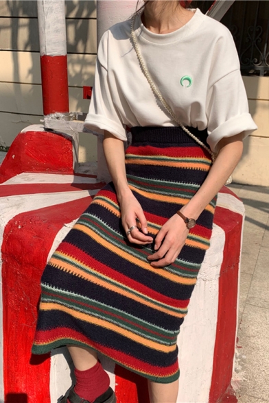 Women Classic Knit Rainbow Striped Midi Straight Skirt