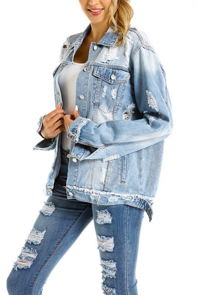 Women Fashionable Plus Size Long Sleeve Denim Cowboy Pockets Jean Jacket