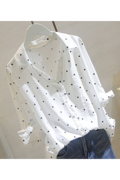 Womens Classic Fashion Polka Dot Pattern V-Neck Casual Loose Button Down Shirt
