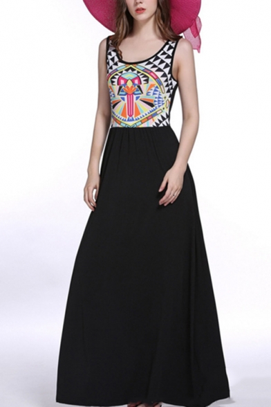 Womens Fashion Scoop Neck Sleeveless Tribal Print Black A-Line Tank Maxi Dress