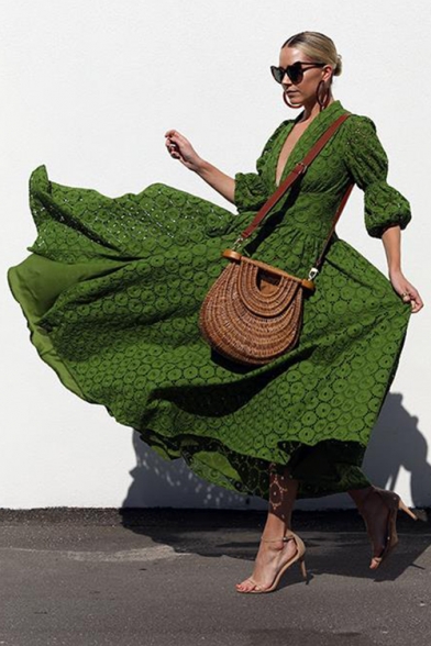 Womens Fashion V-Neck Puff Sleeve Lace Panelled Green Asymmetrical Flare Maxi Dress