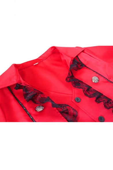 Womens Hot Popular Medieval Vintage Lace-Trimmed Button Front Longline Blazer Coat