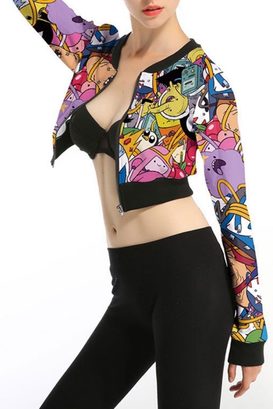 Womens Hot Stylish Long Sleeve Multicolor Cartoon Printed Zip Front Cropped Sweatshirt