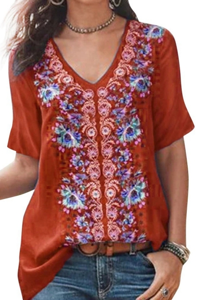 Womens Hot Trendy V Neck Short Sleeve Floral Printed Elegant Loose T Shirt