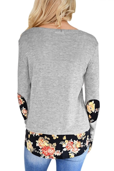 Womens New Fashion Round Neck Long Floral Patch Print T-Shirt