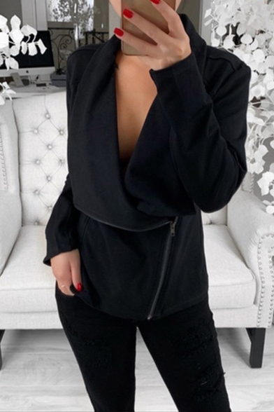 Womens New Fashion Simple Plain Long Sleeve Cowl Neck Side Zip Up Sweatshirt Jacket