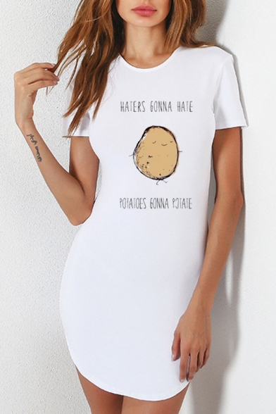Womens New Trend Round Neck Short Sleeve Letter Funny potato Printed Asymmetrical Sheath T-Shirt Mini Dress