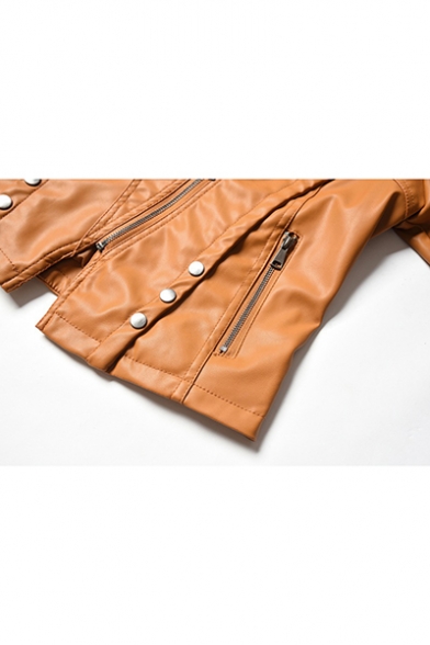 Womens Plain Lapel Collar Long Sleeve Zipper Front Button Embellished PU Biker Jacket