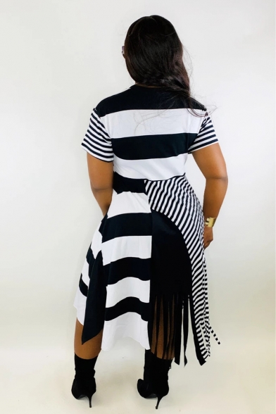 Womens Plus Size Unique Irregular Striped Print Tassel Hem Maxi T-Shirt Dress