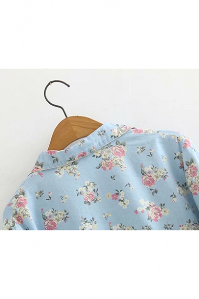 Womens Rolled Sleeve Lapel Collar Button Down Floral Printed Pocket Front Knotted Hem Denim Shirt
