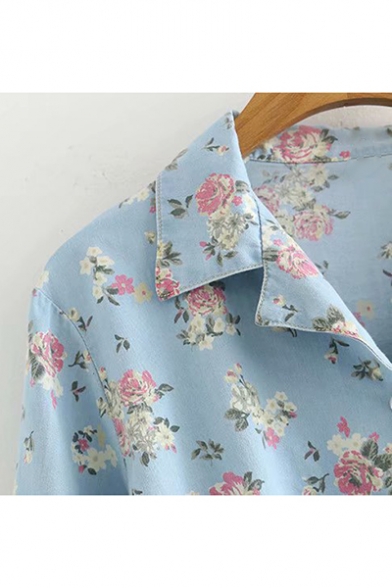 Womens Rolled Sleeve Lapel Collar Button Down Floral Printed Pocket Front Knotted Hem Denim Shirt