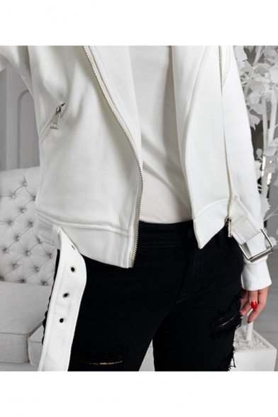 Womens Stylish Long Sleeve Notched Lapel Collar Belt Hem Zip Pocket Windproof Cropped Jacket