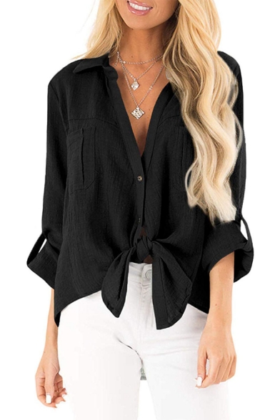 Womens Stylish Plain Long Sleeve Knotted Front Button Down Linen Shirt