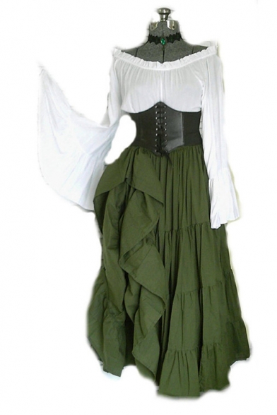 Womens Stylish Vintage Off Shoulder Long Sleeve Corset Waist Maxi Swing Dress
