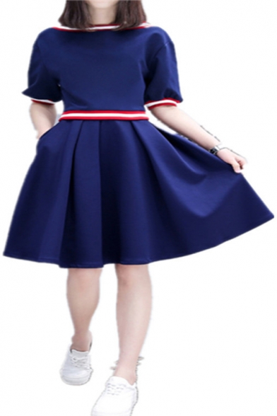 Womens Summer Short Sleeve Panelled 3-Stripe Pleated Dark Blue A-Line Mini Dress
