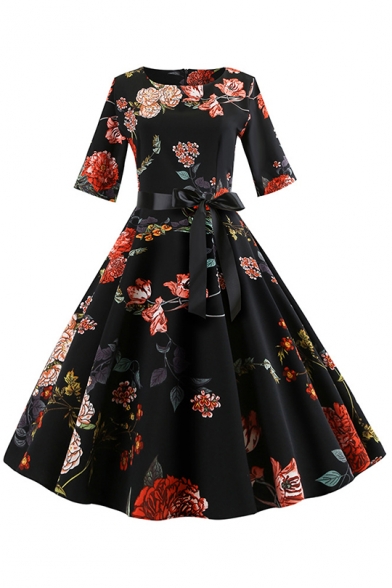 Womens Vintage Round Neck Half Sleeve Floral Print Tie Zip Midi Pleated Fit Dress