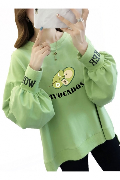AVOCADOS Letter Cute Avocado Printed Round Neck High Low Lantern Sleeve Loose Pullover Sweatshirt